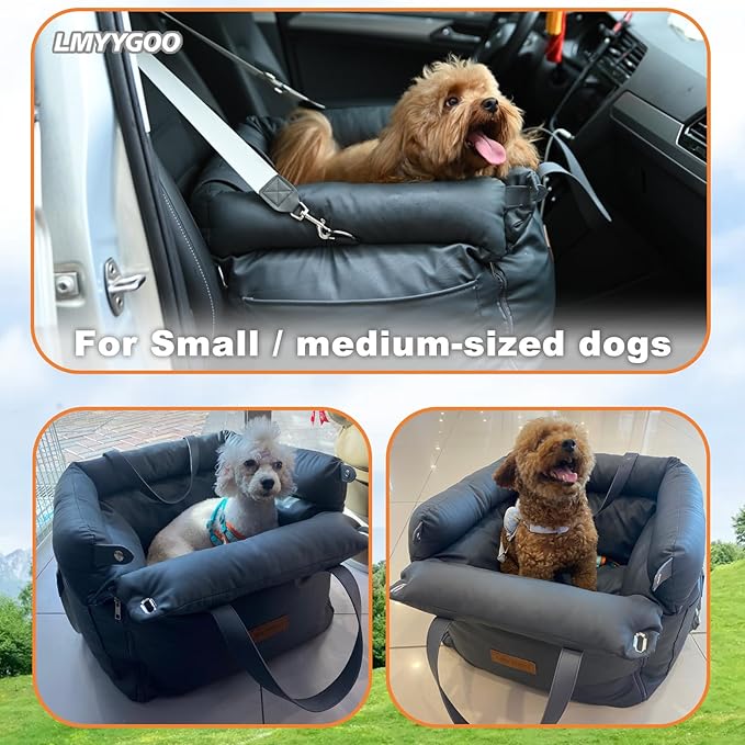 Dog Car Seat for Small & Medium Dogs, 3 in 1 Waterproof Soft Leather Dog Car Bed with Harness Clip, Travel Bed & Carrier Bag for Pets, Fits Pets Up to 35 lbs (Navy Blue, Small & Medium)