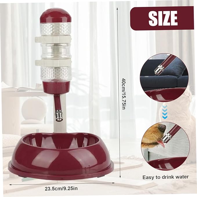 Dog Water Bottle Dispenser and Food Bowl, No-Drip Automatic Dog Water Bowl Dispenser with Adjustable Stand, Detachable Pet for and Cat, Wine Red