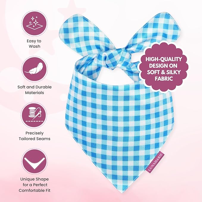 LunaMarie - Luxury Pet Birthday Bandanas -Premium & Silky Poly Fabric | 100% Handmade | Custom Shape Dual Layered (Blue Checkers, Large)