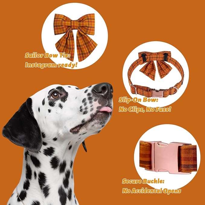 Maca Bates Fall Pumpkin Plaid Dog Collar with Sailor Bow Tie for Large Girl,Boy,Autumn Checkered Puppy Collars with Bowtie,Halloween Gingham Print Adjustable Breakaway Soft for Male Female Dogs