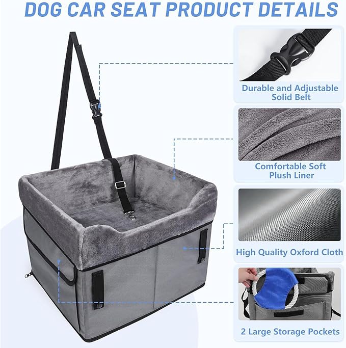 Dog Car Seat for Small Dogs, Portable Dog Booster Seat with Adjustable Strap, Oxford Fabric Elevated Pet Booster for Car Travel