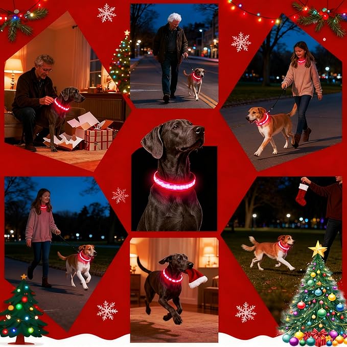 DOGWONG LED Dog Collar - Christmas Red Plaid Heavy Duty Light up Dog Collars - Rechargeable Waterproof - Lighted Dog Collars for Night Walking, Hiking, Camping(Red Plaid,S)