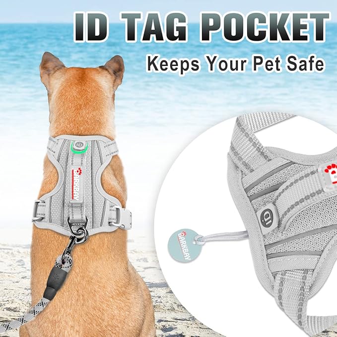 BARKBAY No Pull Dog Harness Large Reflective Dog Harness with Front Clip and Easy Control Handle for Walking Training Running with ID tag Pocket(Grey,M)