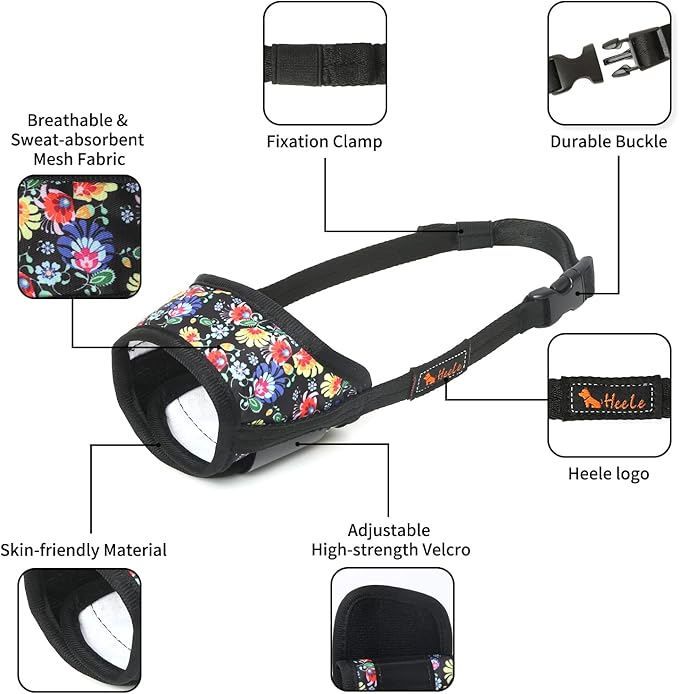 HEELE Dog Muzzle,Soft Nylon Muzzle Anti Biting Barking Chewing,Air Mesh Breathable Drinkable Adjustable Loop Pets Muzzle for Small Medium Large Dogs 4 Colors 4 Sizes (P-Black Sunflower, M)