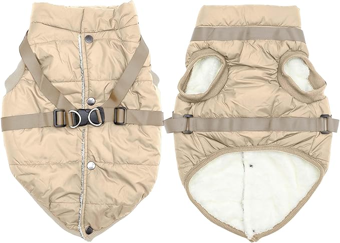 Dog Jacket with Harness,Fleece Lined Warm Puppy Coat for Winter,Soft Windproof Small Dog Vest,Khaki XS
