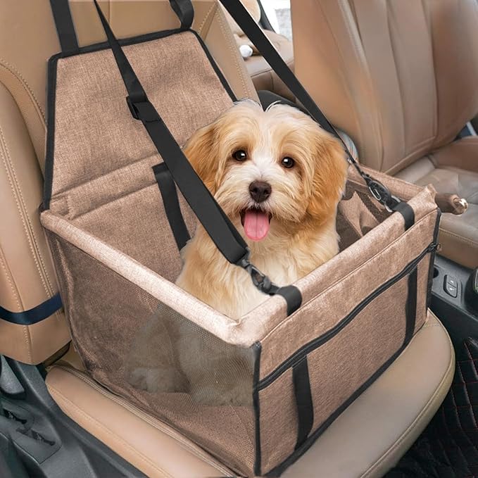 Dog Car Seat for Small Size Dog, Portable Cat Car Seat with Removable Safety Leash and PVC Support Pipe, Anti-Collapse Puppy Pet Car Seat Easy Assemble (Milky Coffee)