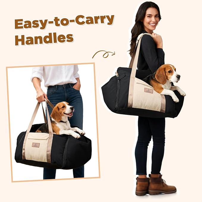 Dog Car Seats for Small Dogs, 2-in-1 Waterproof Pet Booster Seat for Car with Side Handles and a Storage Pocket, Clip-On Safety Leash and PP Cotton Filling, Vehicle Bed for Puppy up to 25 lbs (Black)