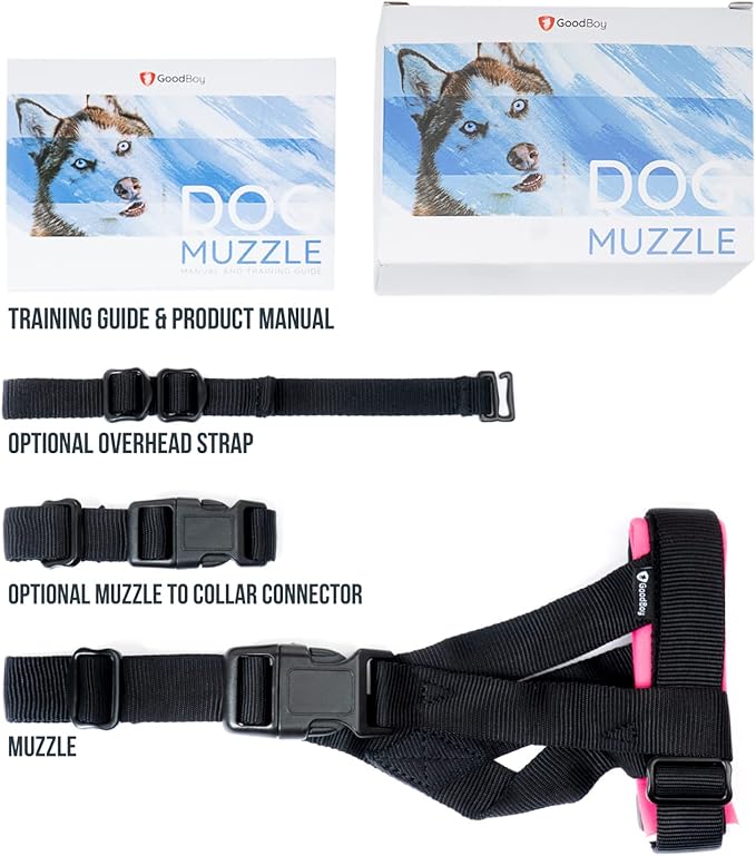 Gentle Muzzle Guard for Dogs - Prevents Biting and Unwanted Chewing Safely Secure Comfort Fit - Soft Neoprene Padding – No More Chafing – Training Guide Helps Build Bonds with Pet (M+, Pink)