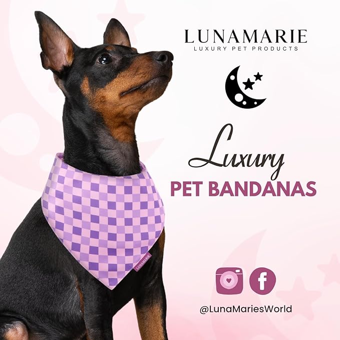 LunaMarie - Luxury Pet Birthday Bandanas -Premium & Silky Poly Fabric | 100% Handmade | Custom Shape Dual Layered (Violeta Rebel, Small)