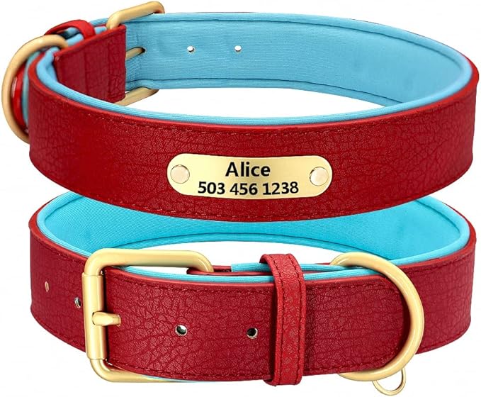 Personalized Dog Collar Custom Leather Dog Collars Soft Inner Padded Pet ID Collar for Small Medium Large Dogs Pitbull Bulldog Red XL