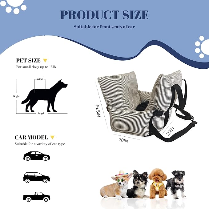 Daneey Small Dog Car Seat for Small Dogs Under 15 lbs, Dog Booster Seat for Car, Fully Detachable Washable Dog Car Bed for Car Travel, Non-Slip Safety Pet Car Seat with Seat Belt, Brown