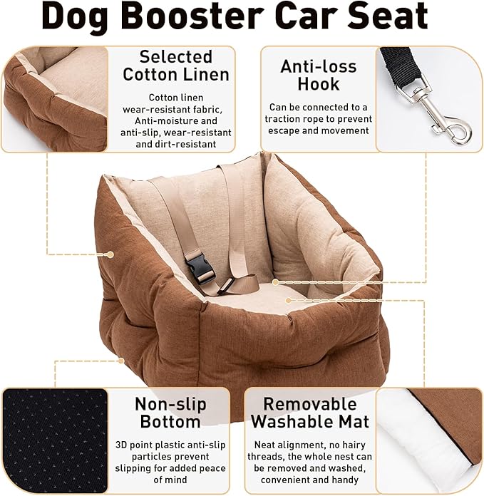 ETIAL Dog Booster Car Seat Medium Sized Dog, Anti-Slip Dog Travel Carrier Bed with Chunky seat and Clip-on Dog Safety Leash, Detachable Washable, Warm Soft Elevated Pet Car Seat Under 30lbs (Brown)