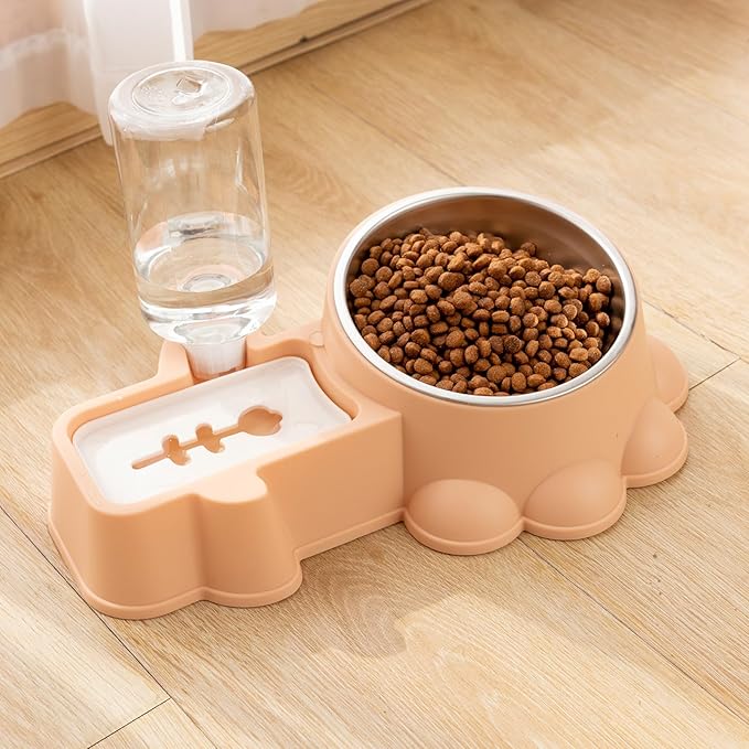 Automatic Pet Water Dispenser and Stainless Steel Dog Feeding Bowl, Multifunctional Puppy Feeder with Food Container, Orange Pink, Suitable for Home and Travel Use
