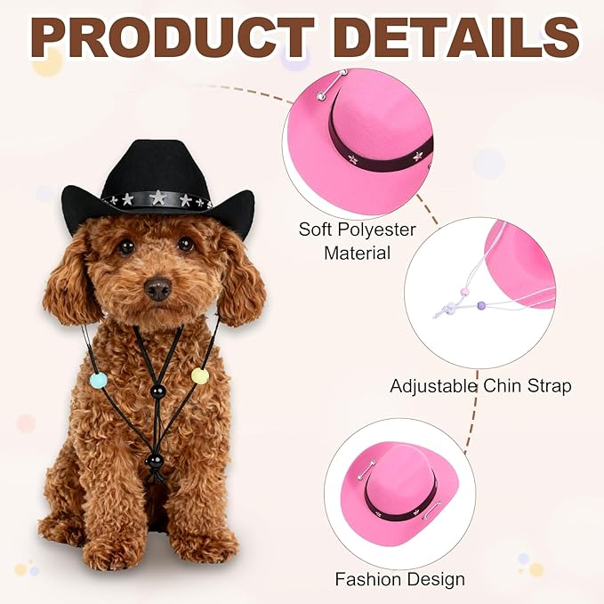 Dog Cowboy Hat, Mini Cowboy Hat for Pet with Chin Strap Adjustable Cosplay Cap Star Decor, (Pink, L), Intended for Dogs and Cats/Halloween Costume/Party Decoration