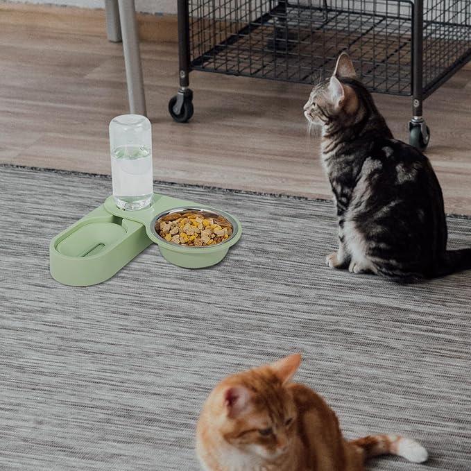 Cabilock Stainless Steel Double Pet Feeder Bowls Rotatable Corner Foldable Feeding Station with Green Base for Indoor Cats and Puppies