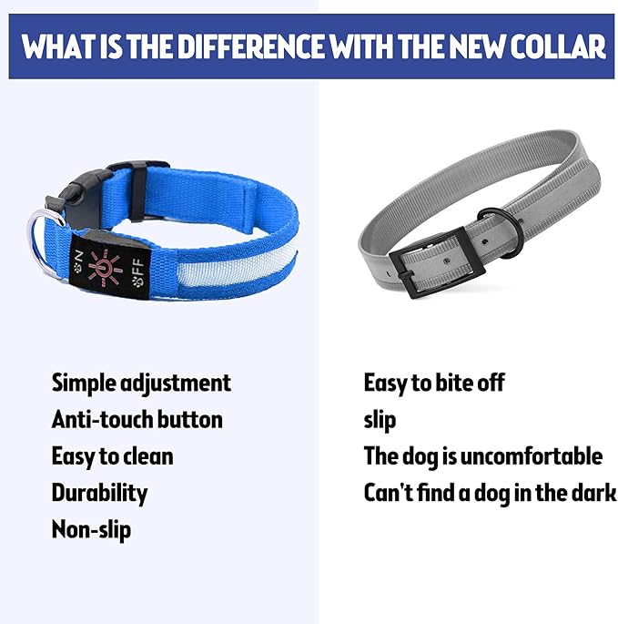 LED Dog Collar, Reflective Dog Collar, USB Rechargeable with 100% Waterproof Luminous Collar, Suitable for Medium and Large Dogs (Blue, L)