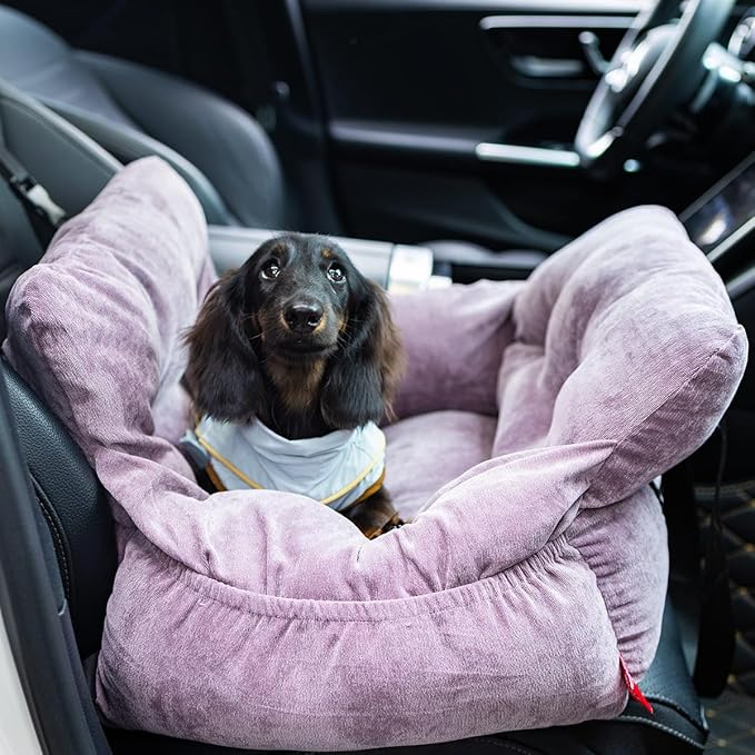 Pet Car Booster Seat for Small Dogs up to 25 lbs with Safety Straps, Storage Pockets, Travel Carrier Bed with Detachable Cover, Machine Washable (Light Purple)