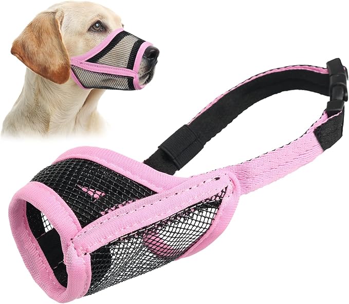 LUCKYPAW Dog Muzzle, Mesh Muzzle for Large Medium Dogs, Soft Mouth Cover to Prevent Biting Chewing, Drinkable Breathable Adjustable Puppy Mouth Guard(Pink, L)