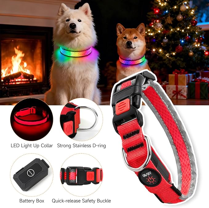 LED Dog Collar, Light Up Dog Collar USB Rechargeable, Nylon Adjustable Comfortable Soft Bright RGB 7 Colors Changeing Safety Light Glowing Collar for Medium and Large Dogs(Large,Red)