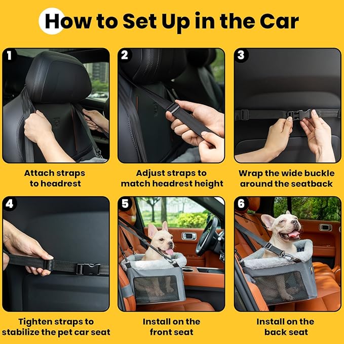 Dog Car Seat Booster for Small Pet Under 20lbs, Portable Travel Puppy Car Seat with Internal Steel Frame, Comfort Cushion & Storage Pockets, Adjustable Straps Fit Most Cars, Grey