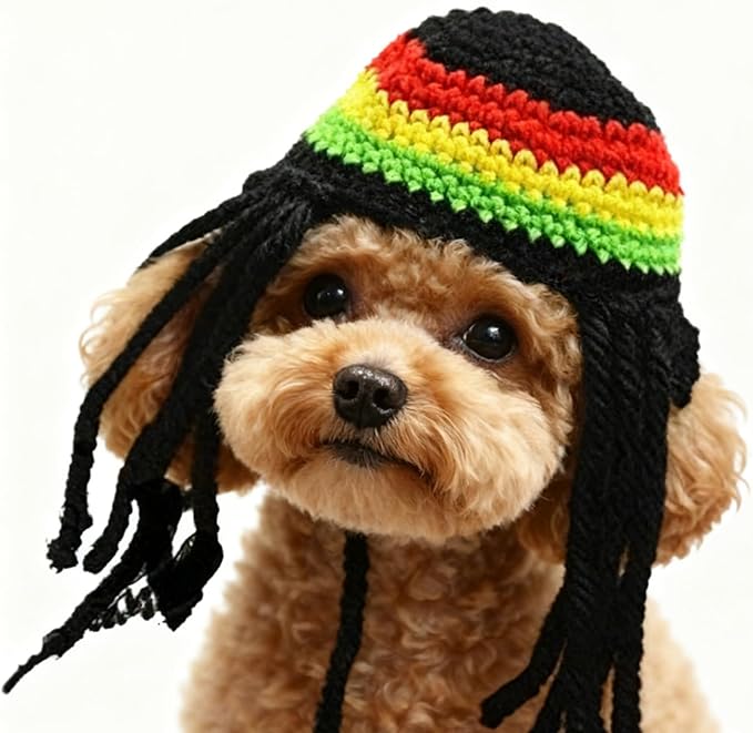 Puppy Knitted Hat & Wig | Winter Dog Bonnet，Keep Your Small Dog Warm and Stylish in This Soft, Knitted Winter hat with Attached Dreadlocks. Perfect for Christmas, and Holiday photoshoots