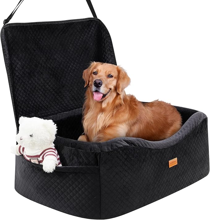 Dog Car Seat for Large Dogs up to 60 lbs or 2 Small Dogs with 4" Memory Foam, Back Seat Medium Pet Booster Seat with Triple Safety Belts, Adjustable Leashes, Detachable/Washable (Dark Black, Large)