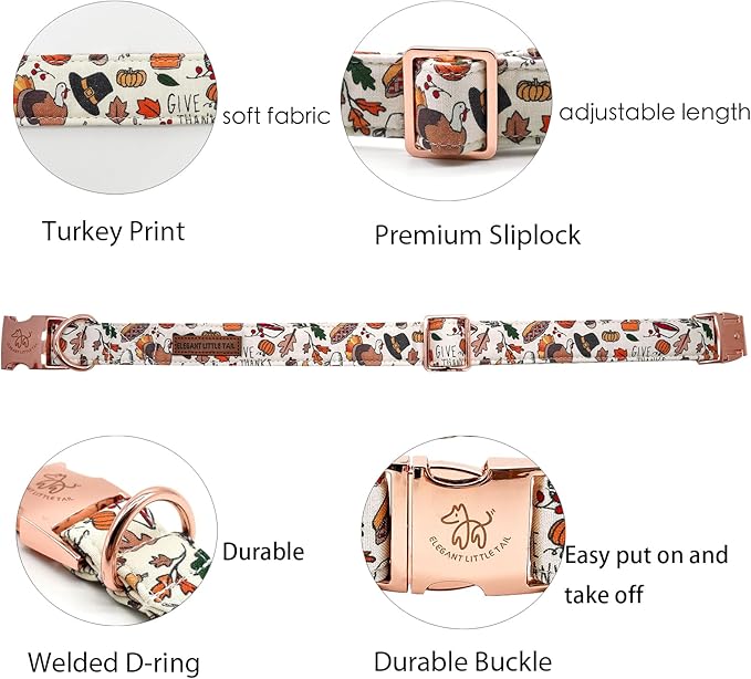 Elegant little tail Thanksgiving Dog Collar, Fall Turkey Print Pet Collar Durable Dog Collars Male or Female Holiday Pet Gift Adjustable Dog Collar for Small Dogs
