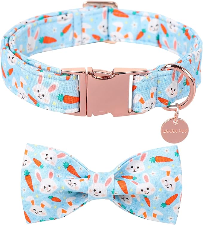 Easter Dog Collar With Bow Tie, Cotton Carrot Bowtie for Large Girl Boy Dog, Cute Bunny Pet Collar With Metal Buckle, Gift, S