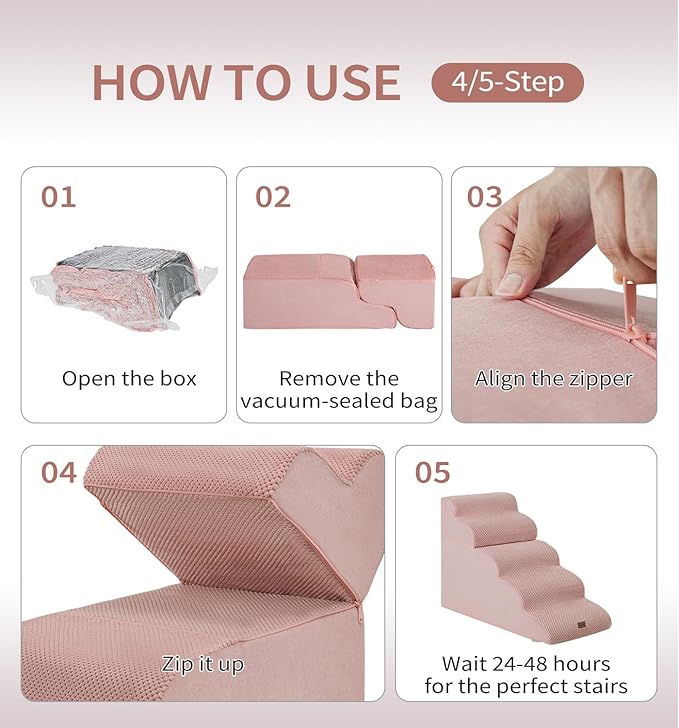 Made4Pets Dog Stairs Ramp for High Bed 22.8" H, 5-Step Pet Stairs for Bed Couch Sofa Climbing, 35D Foam Pet Steps for Small Dogs and Cats, Non-Slip Bottom Dog Steps, Pink