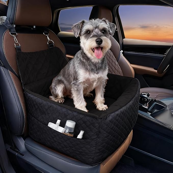 Memory Foam Dog Car Seat for Small/Medium Dogs,Travel Booster Seat for Dogs up to 35 lbs, Washable Removable Cover & Storage Pockets, Comfortable & Safe Car Seat for Pet Travel