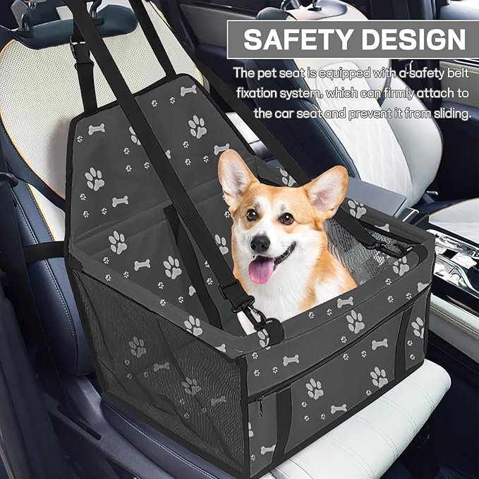 Wuyaoyao Pet Car Seat, Waterproof Breathable Oxford Cat Dog Car Booster Seat for Small Pets, Foldable Portable Vehicle Puppy Travel Basket with Seatbelt & Support Rod, for Pet Up to 22 lbs (Dark Gray)