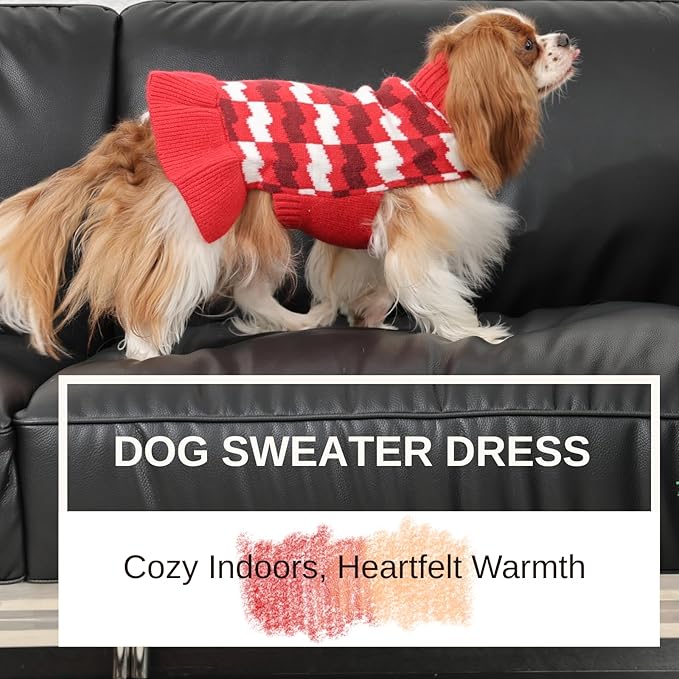 Girl Dog Sweater Dress for Small Medium Dogs,Dog Sweater Dress with Leash Hole, Thick Turtleneck Knitwear for Female Dogs, Cute Warm Fall Winter Pet Knitted Dress for Cold Weather, Christmas-M