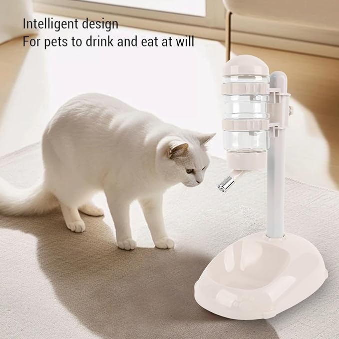 Pet Standing Water Dispenser, Height Adjustable Automatic Water Food Feeder, 500ml Water Bottle Dispenser Standing Feeding Bowl for Cats Puppy Pets (Beige)