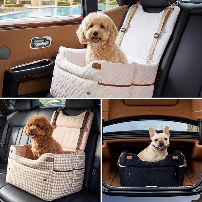 Elevated Dog Car Seat for Small Dogs, 3 Adjustable Heights with 2 Egg Crate Foam Boosters 4"+2", Dual-Sided Cooling&Plush Waterproof Cover, 2 Safety Leashes & Buckles, Beige