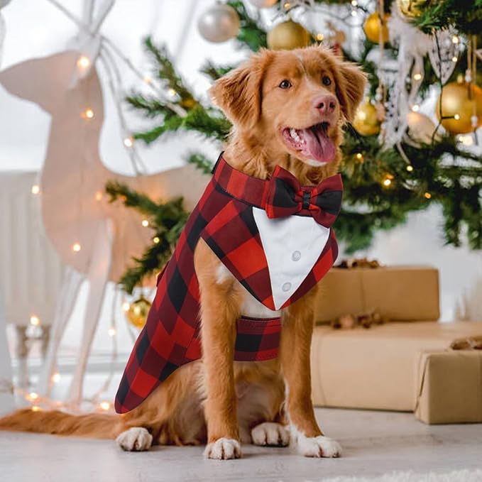 Kuoser Christmas Dog Tuxedo Dog Suit and Bandana Set, Pet Christmas Outfit Adjustable Puppy Xmas Costume with Bow Tie for Large Medium Small Dogs Golden Retriever Samo Bulldogs, Red Plaid XL