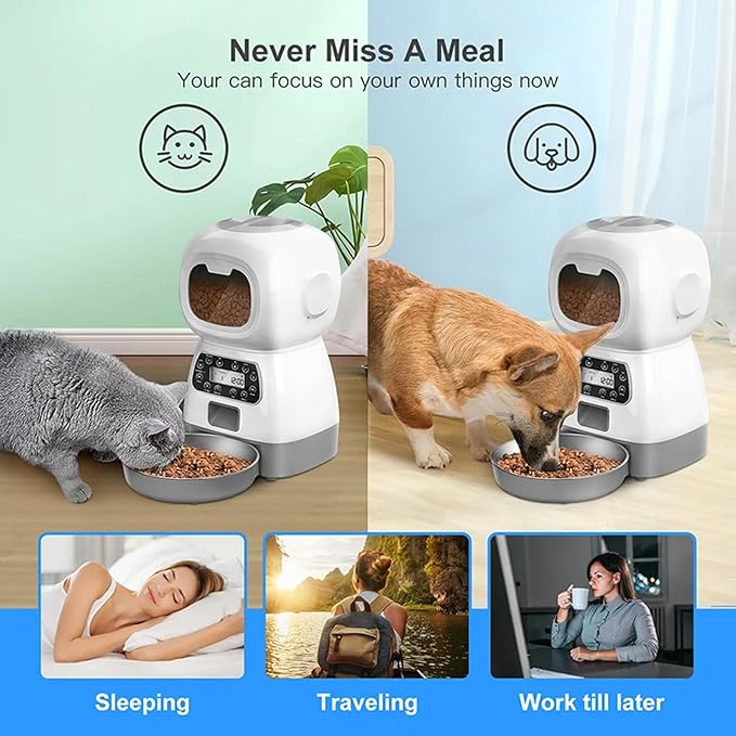 Automatic Pet Feeder, 3.5l Large Capacity Dry Food Dispenser, Smart Feeder with Recording Function, Dual Power Supply Anti-Blocking Design, Remote Timed Feeding Device