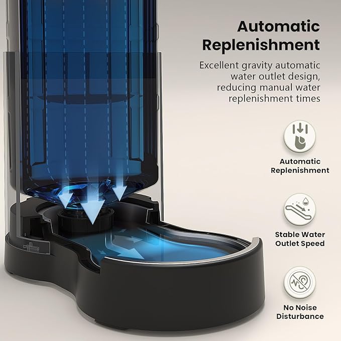 CZPET Dog Water Bowl Dispenser, 7L Automatic Dog and Cat Water Dispenser with Stainless Steel Bowl, Gravity Waterer, Large Capacity, and Quiet Drinking Area for Pets (7L,Black)