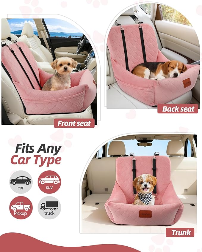 Dog Car Seat for Small Dogs Up to 25lbs,Soft Washable Fabric Fill in Memory Foam,Easy to Assemble with 2 Clip-On Safety Leashes and Storage Pockets,Front or Back Seat are Both OK (Pink)