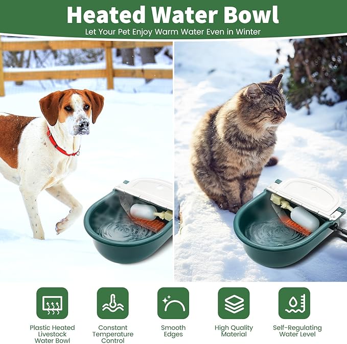 Heated Water Bowl for Outdoor Cats & Dogs, Automatic Winter Pet Bowl Ice Free & BPA Free, Heated Dog Water Bowl with Thermostatic Control, Anti Chew Cord for Chicken Pet