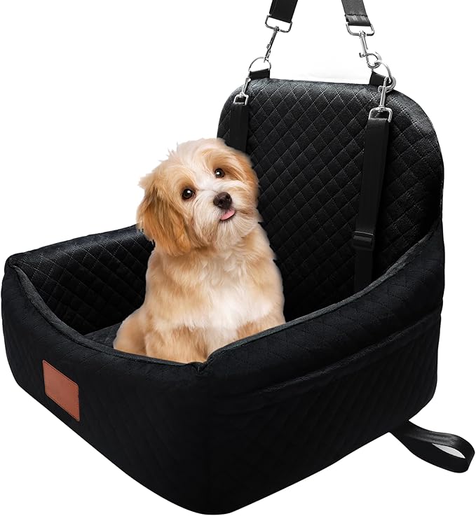 Dog Car Seat for Small/Medium-Sized Under 30 Pounds, Pet Car Seat Travel Bed with 2 Seat Belts and Headrest Seat Belts, Detachable Washable Covers and Side Storage Bags(Black)