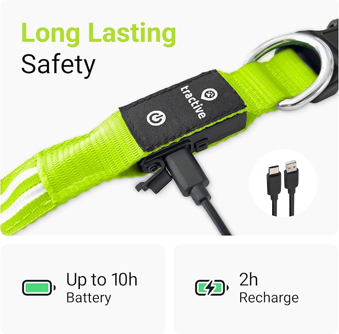 Tractive LED Light Up Dog Collar USB Rechargeable Waterproof (Green)