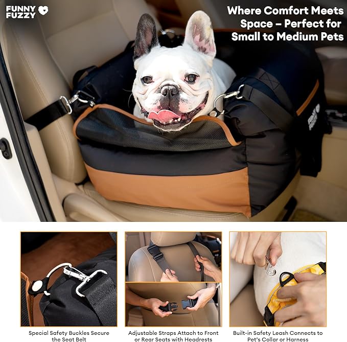 FUNNY FUZZY Waterproof Dog Car Seat for Small & Medium Dogs Up to 35lbs, Detachable & Washable Pet Booster Seat with Leash, Thick Cushion, Storage Pockets & Adjustable Straps (Black)