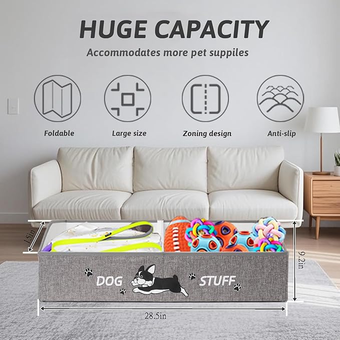 Large Dog Toy Basket with Handles, 28.5" Collapsible Multi-Purpose Hard Board Dog Toy box, Clothes, Dog toy storage (Grey,Cream)
