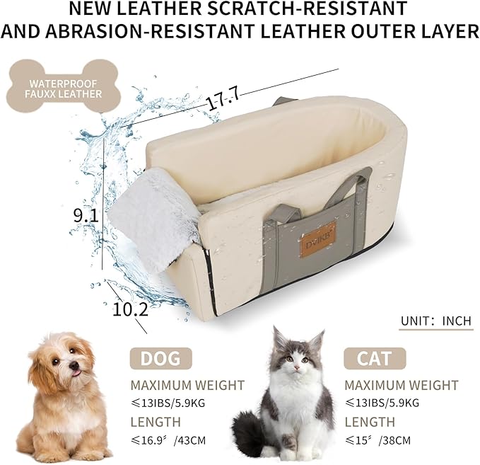 Center Console Dog Car Seat - Small Pet Car Seat for Puppies and Cats with Storage Pocket and Leash, Leather Waterproof Small Dog Seat with Portable Travel Shoulder Strap