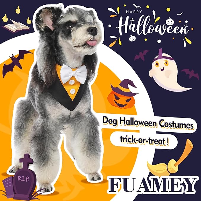 FUAMEY Dog Tuxedo Halloween for Small Dogs,Dog Formal Suit Dogs Attire Pet Bow Tie Puppy Party Costumes Cat Tux Outfits Pets Bandana Cosplay Adjustable Bowties Thanksgiving Halloween S