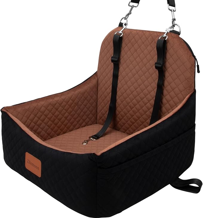 Car Dog Seat with 2 Safety Leashes,Dog Car Booster Seat for Small Medium Dogs 0-28lbs,Pet Travel Safety Bed with Storage PocketsFully Detachable and Easy to Install(S1-Black Outside Brown Inside)