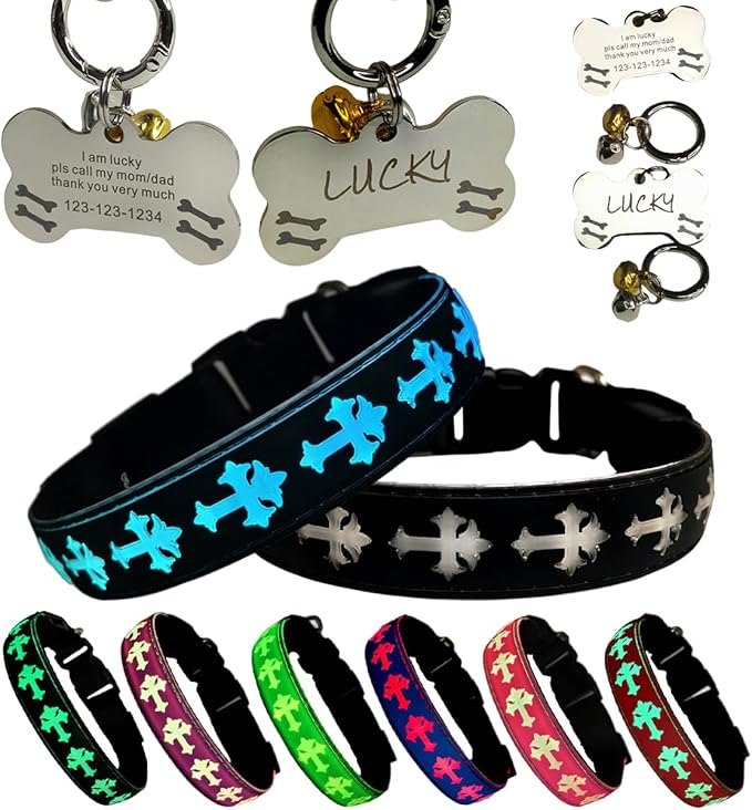 LED Dog Collar with ID Tag Set, Glowing Cross Pattern, Multiple Colors, Silicone Material (Black, XL(19.7-23.6"))