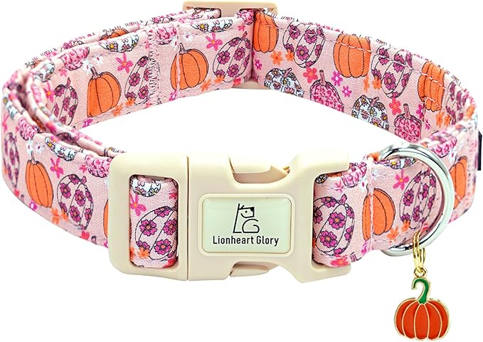 Lionheart glory Halloween Dog Collar-Pumpkin Floral Fall Pink Dog Collars with Cute Ghost Pendant Soft Adjustable Collar for Small Dogs Female Male Collars Party Pet Gift