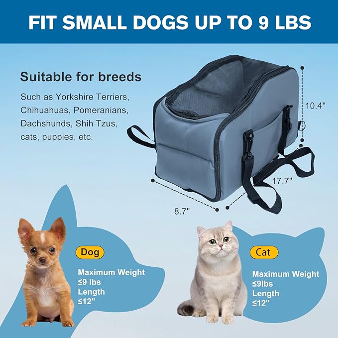 Center Console Dog Car Seat, Portable Dog Car Booster Seats for Small Dogs Up to 9lbs, Foldable Pet Puppy Ca Seats with Zippered Mesh Top, Safety Leash, Adjustable Belts, Storage Pockets