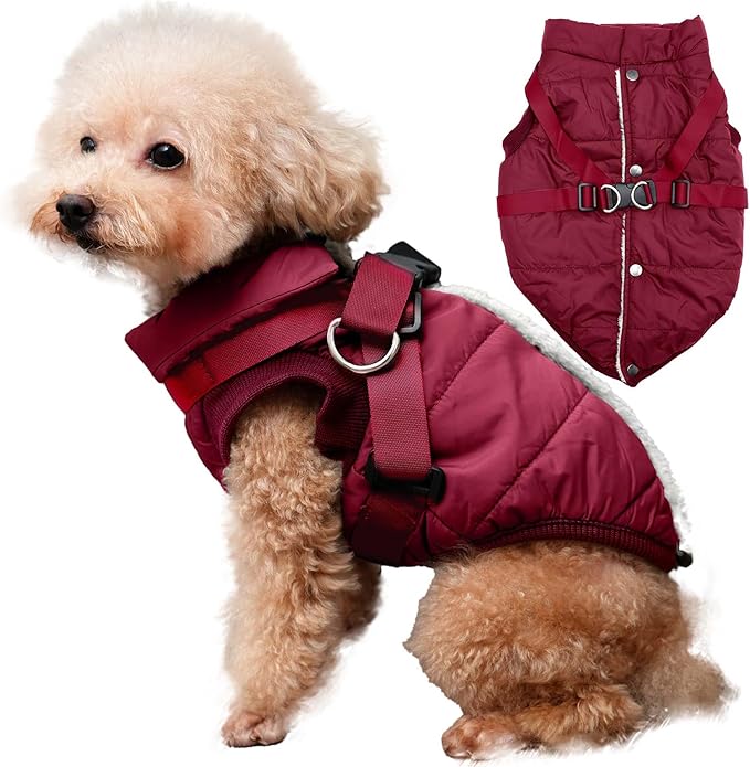 Dog Jacket with Harness,Fleece Lined Warm Puppy Coat for Winter,Soft Windproof Small Dog Vest,Red XS